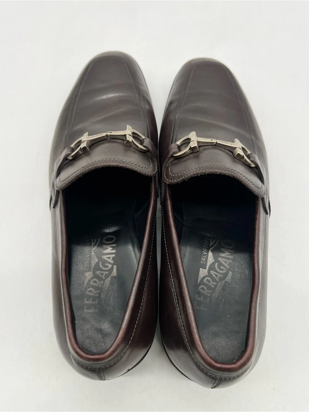 Salvatore Ferragamo Dark Brown Leather Men's Sz 9D Silver Gancini Bit Loafers